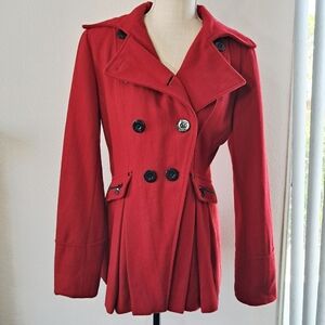 Guess Red Double-Breasted Pleated Coat Wool Blend Jacket Medium